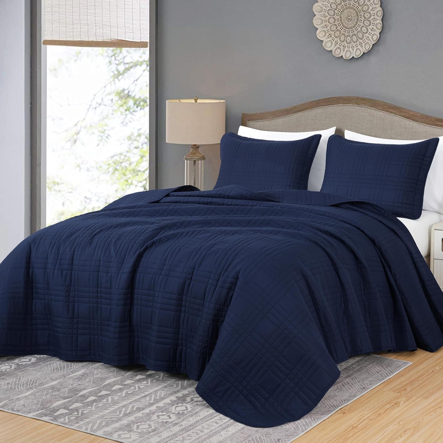 Kingston Queen Size Bedspread Set, 3-Piece Navy Oversized Quilted Microfiber Lightweight Bedspread Coverlet (100"X106") for All Seasons