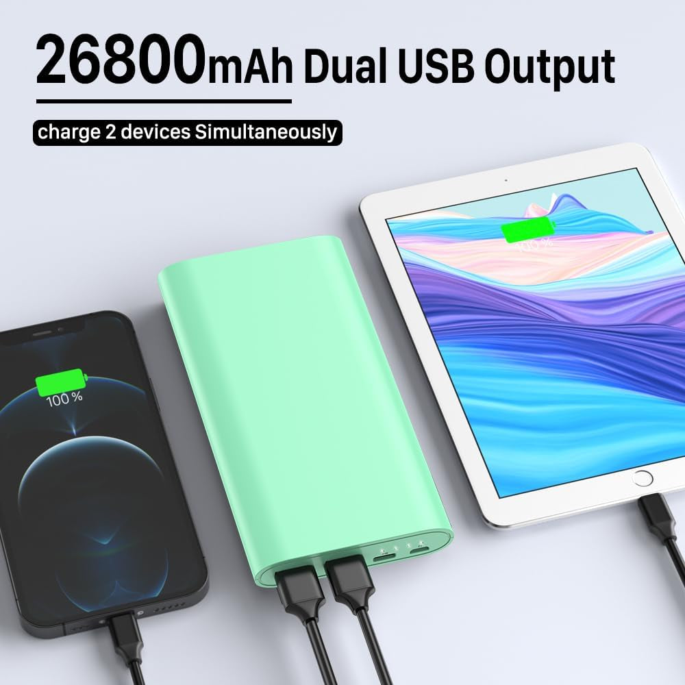 26800Mah Portable Charger Power Bank, Dual USB W/Usb-C Fast Charging Battery Pack Charger for Iphone 16 15 14 11 Pro Max XS XR, Ipad,Airpods,Samsung S22 S23, Google Pixel 6, Android Phone Etc-Green