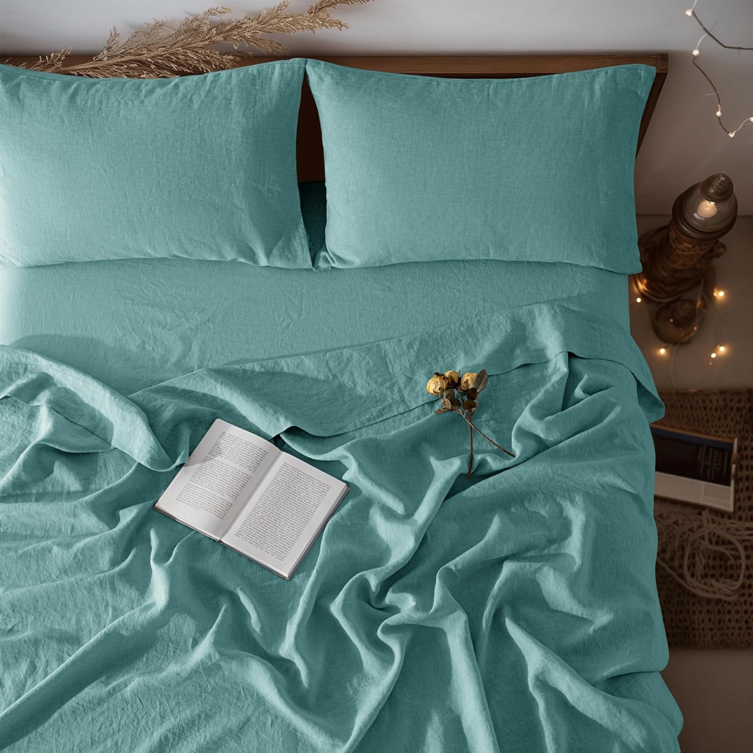 100% Linen Sheet Set Twin Size,Bed Sheets 3 Piece Sets,Solid Color Natural Flax Bed Sheets Soft Breathable Bedding,16" Deep Pocket,All Season (Twin, Aqua)